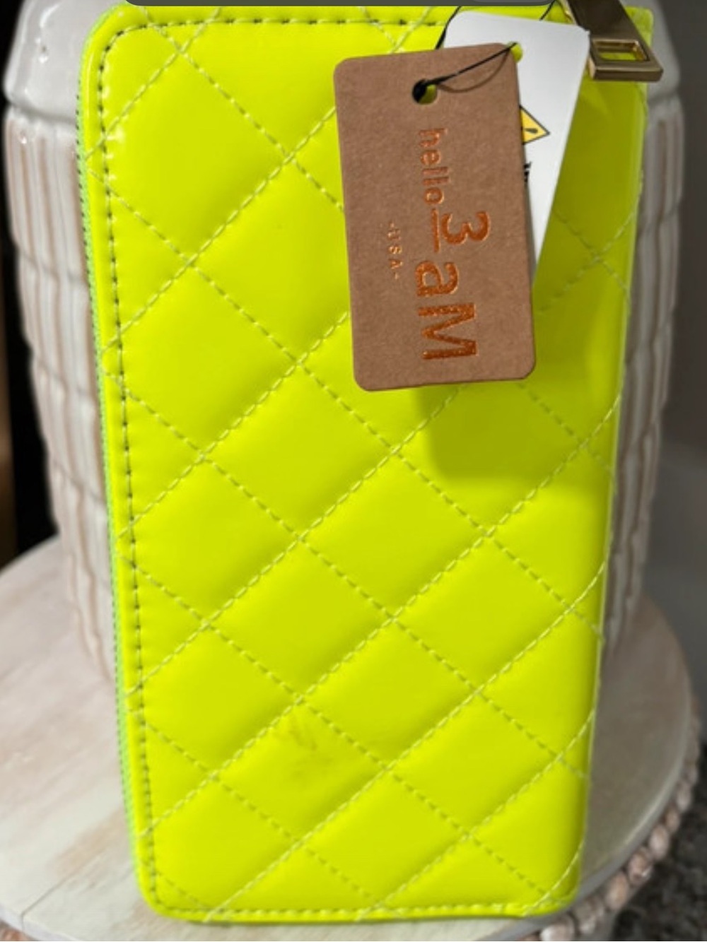 “NWT” Hello 3 AM Neon Yellow Quilted Wristlet Wallet. Measures: (7 3/4” X 4”)